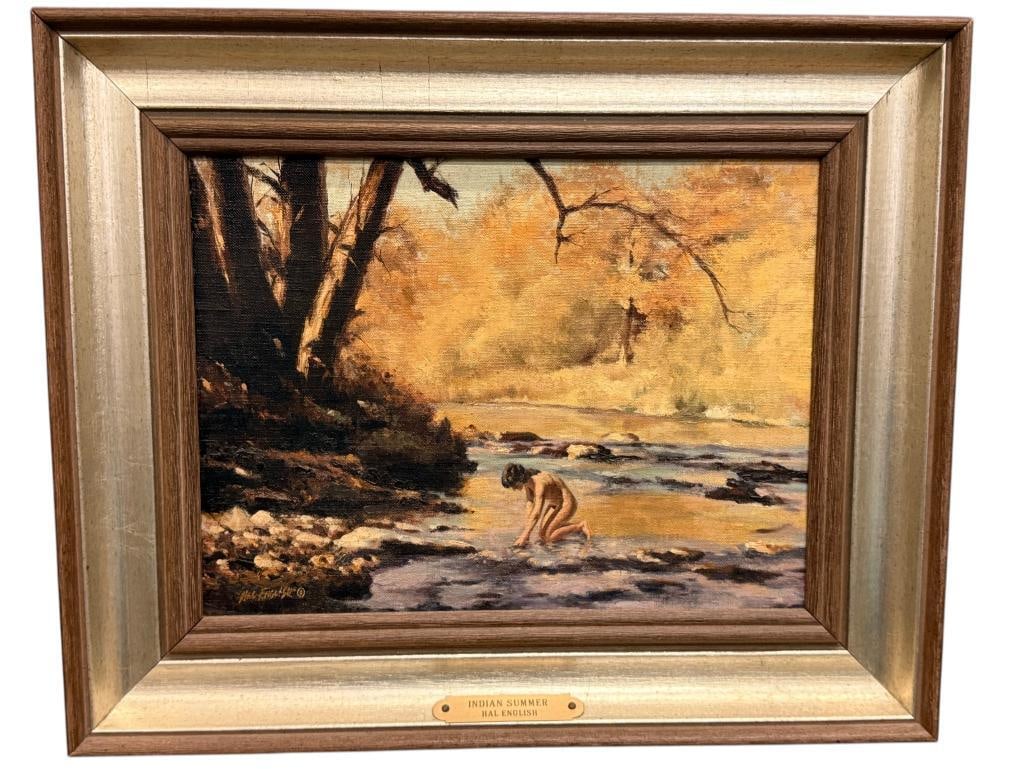Hal English signed oil on board: Hal English (1910-2008) 1986 signed oil on board titled "Indian Summer". Approx. 12 x 9 inches. Frame approx. 17 x 14 inches.