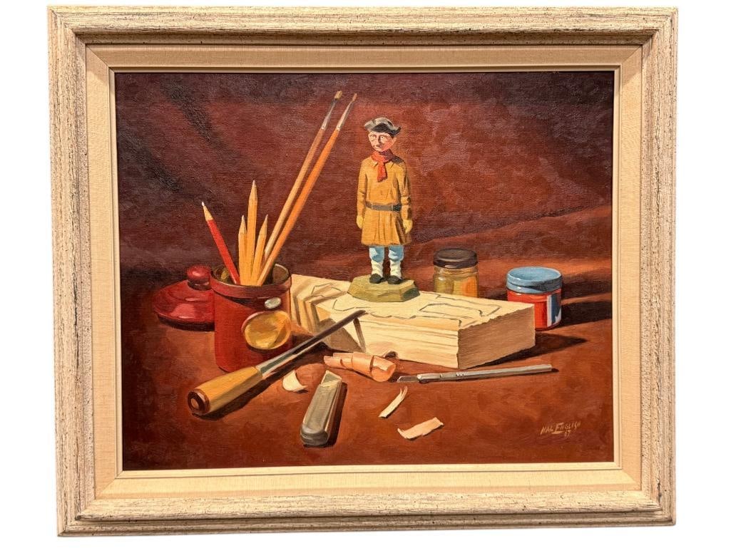 Hal English 1967 signed oil on board: Hal English (1910-2008) 1967 signed oil on board. Titled "Charlies Carving". Approx. 19.5 x 16 inches. Frame approx. 25 x 21 inches.
