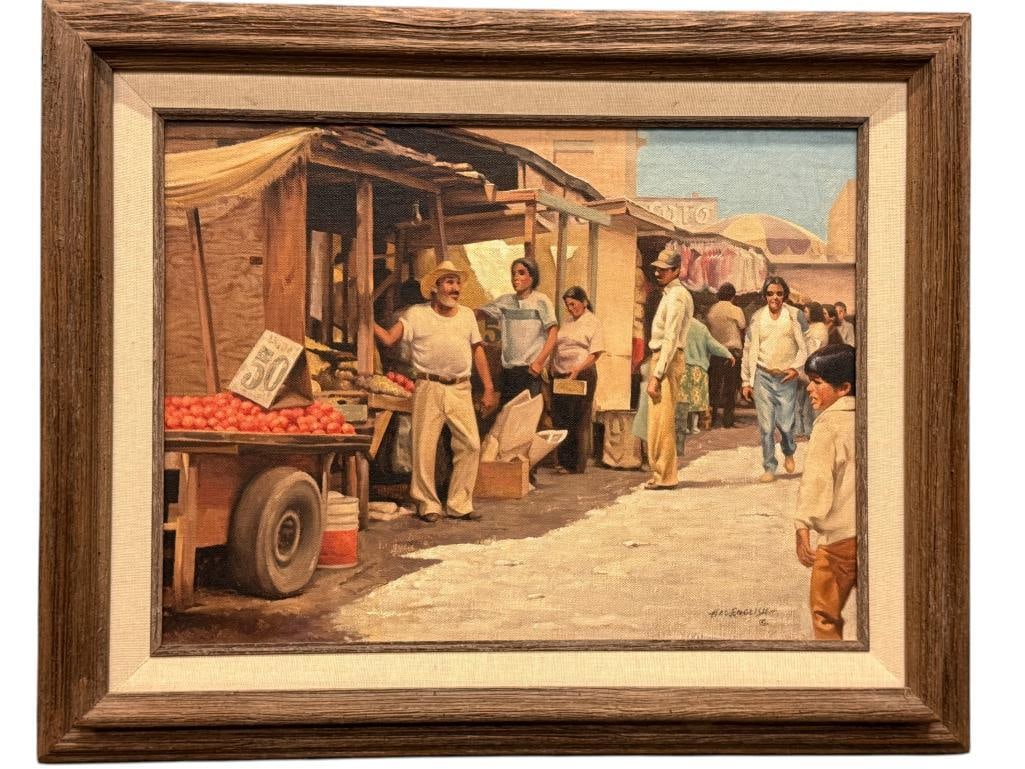 Hal English signed oil on board: Hal English (1910-2008) signed oil on board of a street scene. Titled "Juarez Market". Approx. 15.5 x 12 inches. Frame approx. 20 x 17 inches.