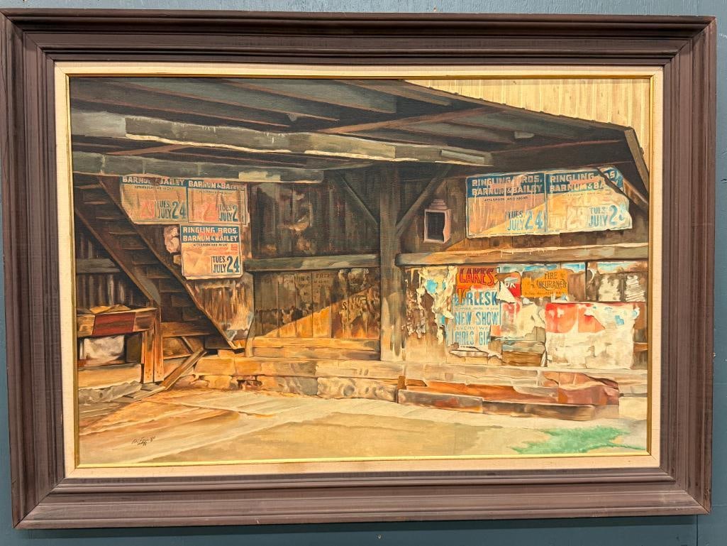 Hal English 1971 signed oil on board: Hal English (1910-2008) 1971 signed oil on board. Titled "The Wagon Shed". Approx. 35.5 x 23.5 inches. Frame approx. 42.5 x 30.5 inches.