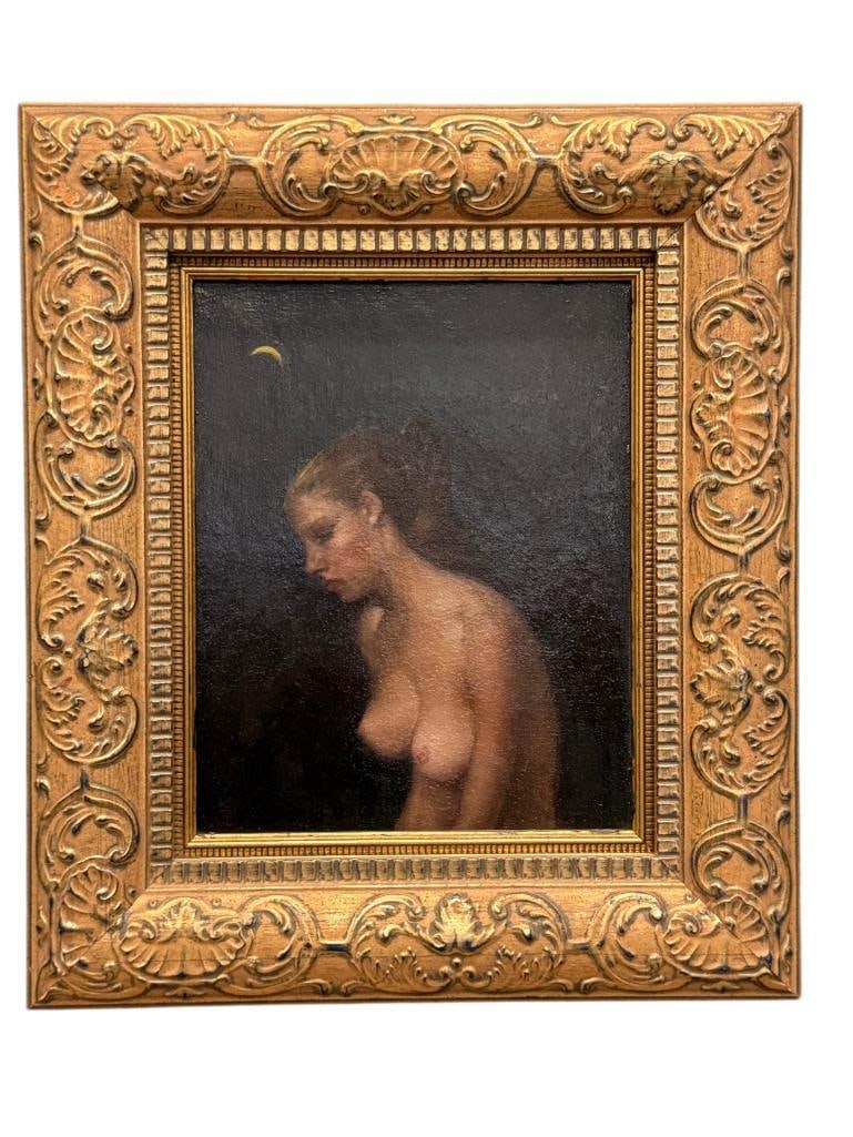 Siu Kui Cheung oil on board: Siu Kui Cheung oil on board. Titled "Nude under the Moon". Approx. 12 x 9 inches. Frame approx. 18 x 16 inches.