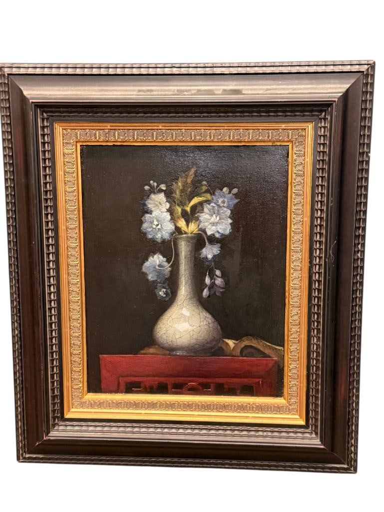Siu Kui Cheung Floral still life oil on canvas: Oil on canvas by Siu Kui Cheung Titled Balance and Harmony. Approx. 14 x 11.5 inches. Frame approx. 23 x 20 inches.