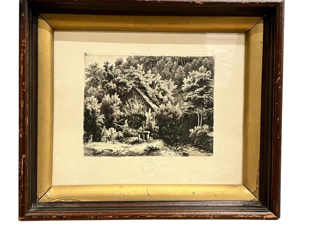 Eugene Blery etching: Chalcographie Du Louvre etching embossed with stamp by Eugene Blery. Approx. 7.25 x 5.5 inches. Frame approx. 14 x 12 inches.