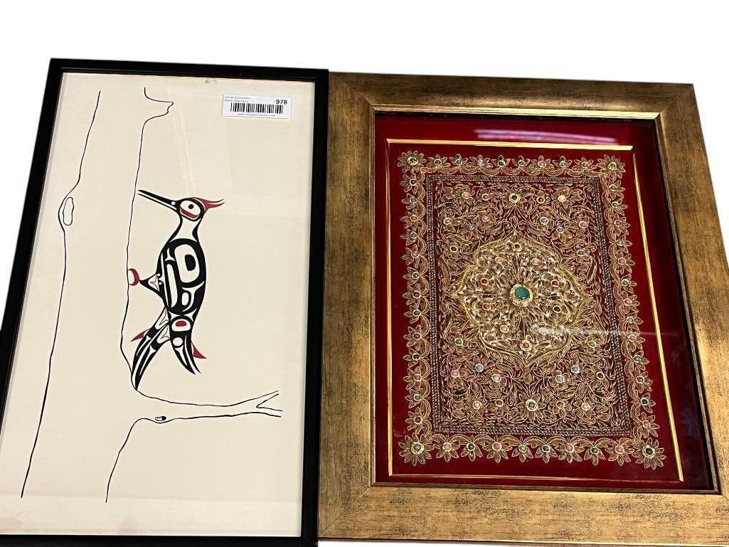 Framed Zardozi wall art and Carey Newman Qanekelak print: Framed Zardozi wall art and Carey Newman signed and numbered 55/75 Qanekelak print. Zardozi frame approx. 18 x 14.5 inches.