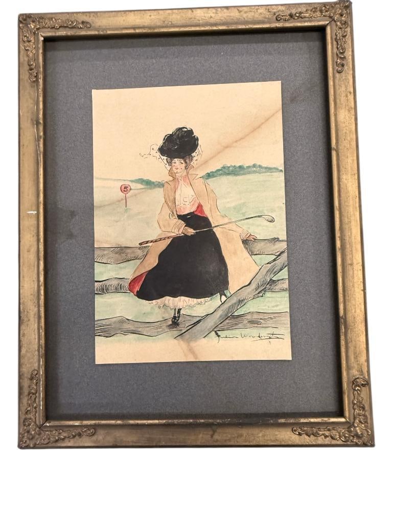Woman Golfer watercolor: Woman Golfer watercolor. Signed, illegible. Approx. 9 x 6 inches. Frame approx. 14 x 11.5 inches.