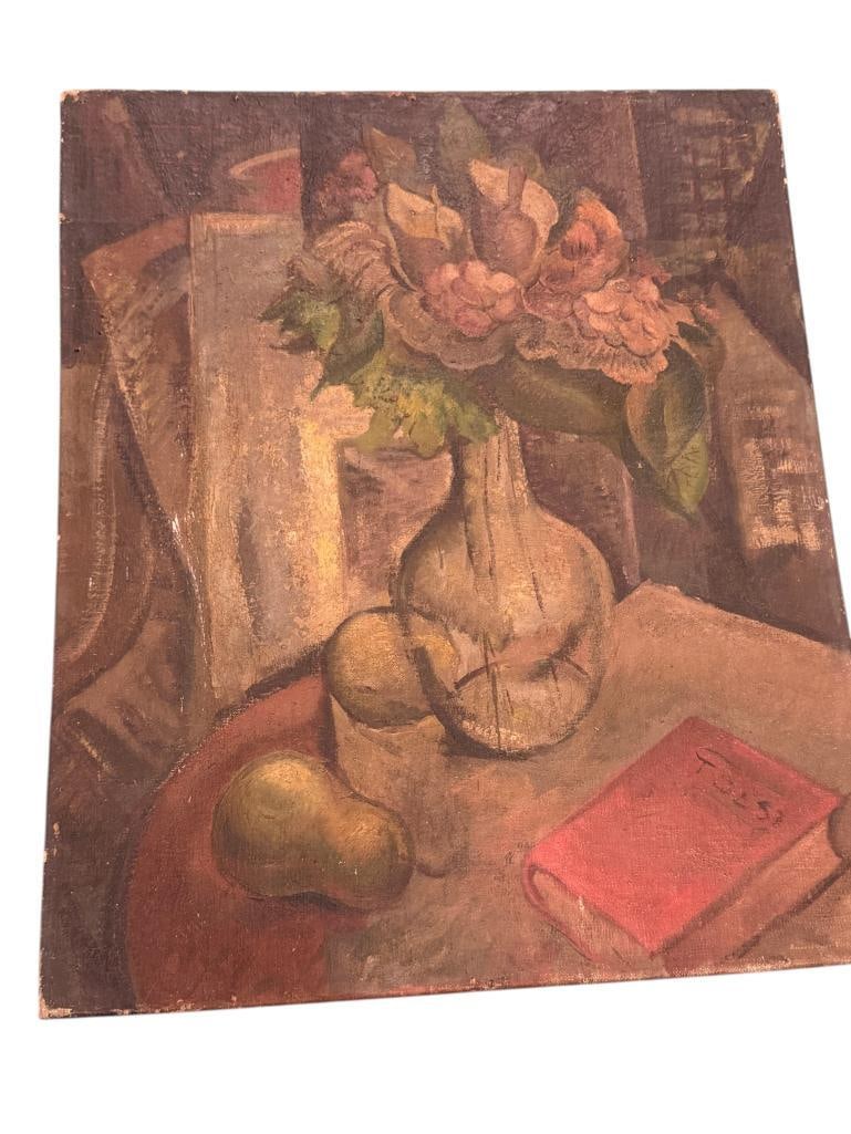 Raymond B. Dowden signed painting: Raymond B. Dowden signed painting. Titled "Another Red Book". Canvas wrapped over board. There is a still life painted on the reverse. Approx. 24 x 20 inches.