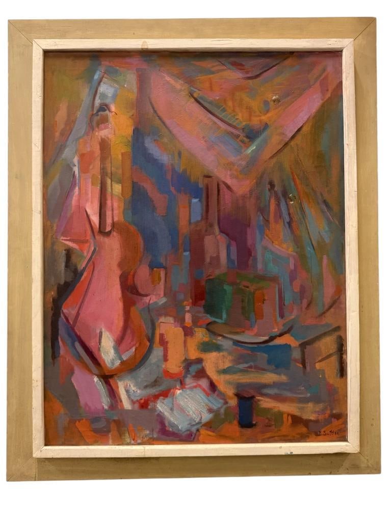 Bernice Perry Sutton signed abstract: Bernice Perry Sutton (1908-1977) signed abstract oil on canvas. Approx. 34 x 26.5 inches. Frame approx. 41.5 x 33.5 inches.