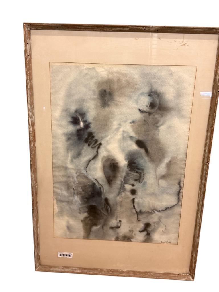 Bernice Perry Sutton signed abstract watercolor: Bernice Perry Sutton (1908-1977) signed abstract watercolor. Approx. 29 x 21 inches. Frame approx. 41 x 28 inches.