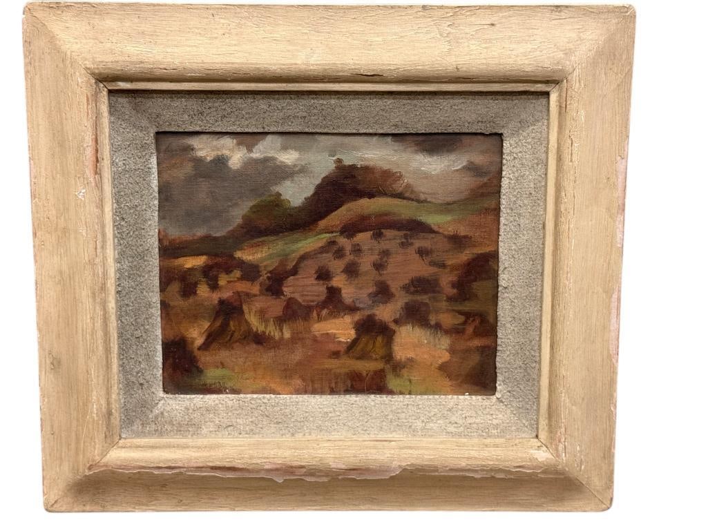 Bernice Perry Sutton oil on board: Bernice Perry Sutton (1908-1977) oil on board. Titled "Buckwheat fields". Approx. 9 x 7 inches. Frame approx. 16 x 14 inches.
