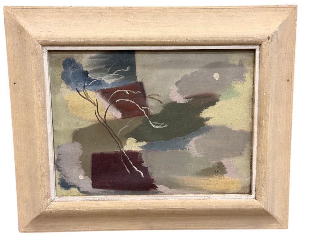 Bernice Perry Sutton oil on board: Bernice Perry Sutton (1908-1977) abstract oil on board. Titled "Hail Storm" . Approx. 12 x 9 inches. Frame approx. 17 x 13.5 inches.