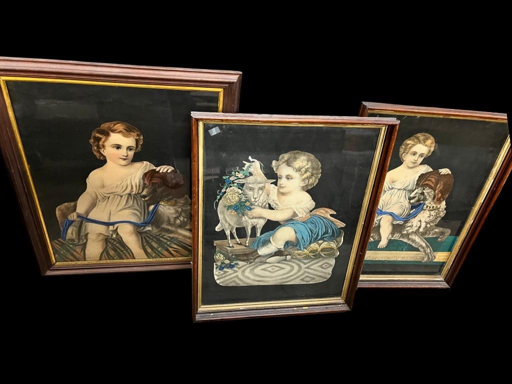 3 19th century colored prints: 3 19th century colored prints. Child with dogs and sheep. Frame approx. 31 x 25 inches.