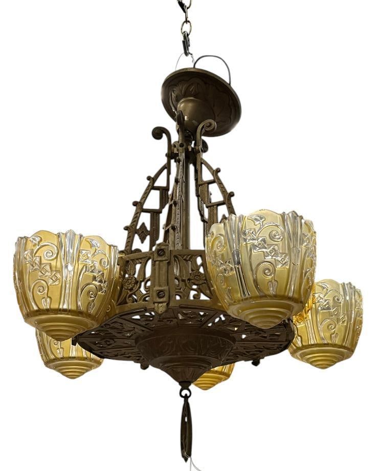 Art Deco slip shade chandelier: Art Deco slip shade chandelier. Approx. 24 x 19 x 19 inches..