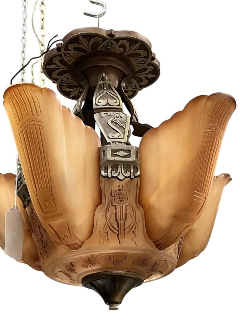 Art Deco slip shade chandelier: Art Deco slip shade chandelier. Approx. 17 x 17 x 17 inches.