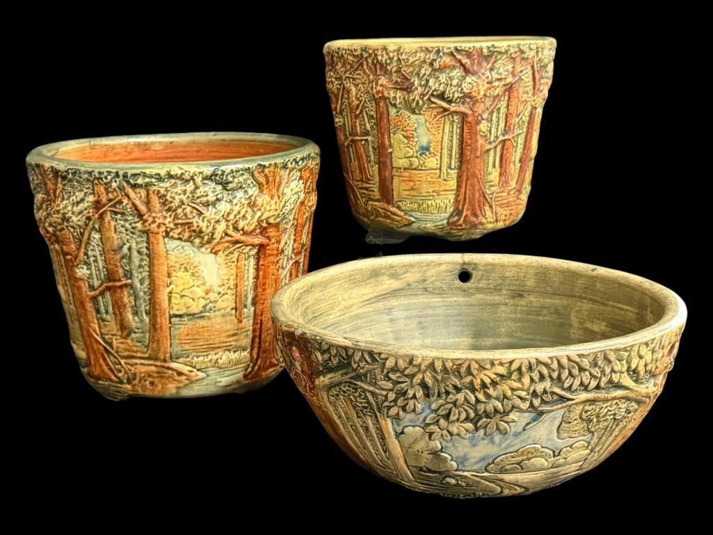 Weller Forest Hanging Basket and Jardinieres: Weller Forest Hanging Basket and Jardinieres. 3 pieces. Largest approx. 7 x 8 x 8 inches.