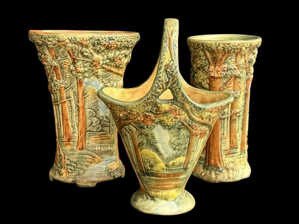 Weller Forest Vases and Basket: Weller Forest Vases and Basket. 3 pieces. Basket approx. 9 x 6 x 5 inches.