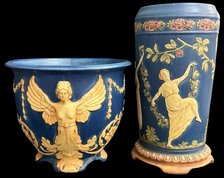 Weller Blue Angel Jardiniere and Lamp Base: Weller Blue Angel Jardiniere and Lamp Base. 2 pieces. Lamp base approx. 14 x 7 x 7 inches.