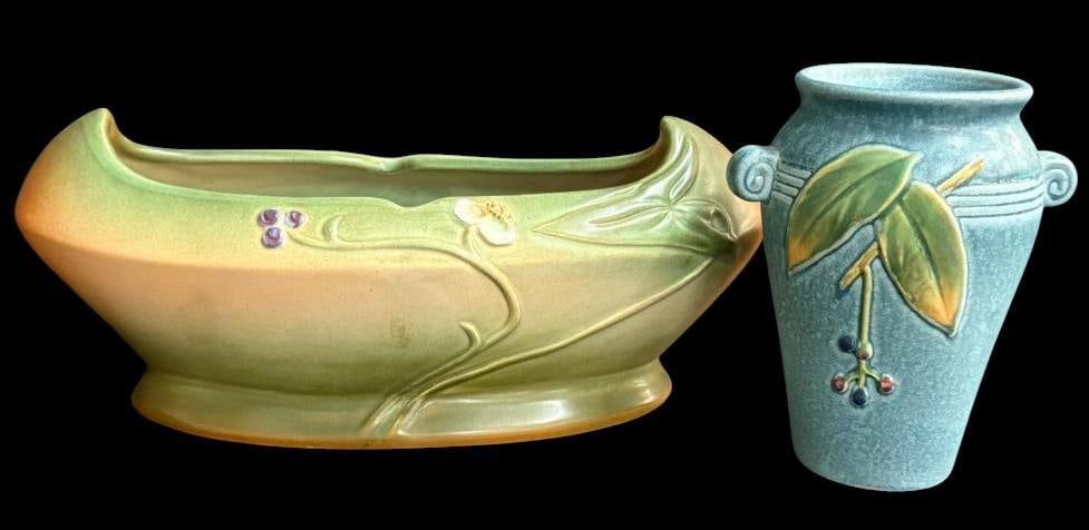 Weller Tutone planter and Cornish Vase: Weller Tutone planter and Cornish Vase. 2 pieces. Planter approx. 4 x 12 x 6 inches.