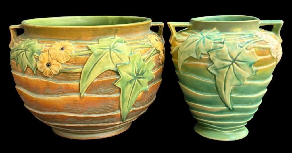 Roseville Pottery Luffa Jardiniere and Vase: Roseville Pottery Luffa Jardiniere and Vase. 2 pieces. Jardiniere approx. 8 x 12 x 12 inches.