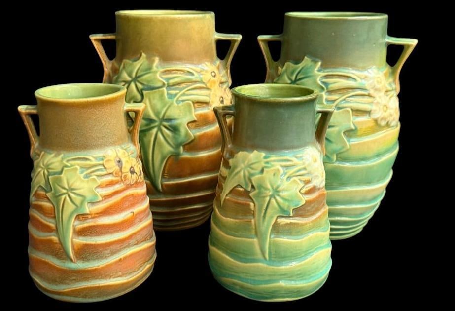 4 Roseville Pottery Luffa Vases: 4 Roseville Pottery Luffa Vases. Tallest approx. 8.5 x 6 x 6 inches.