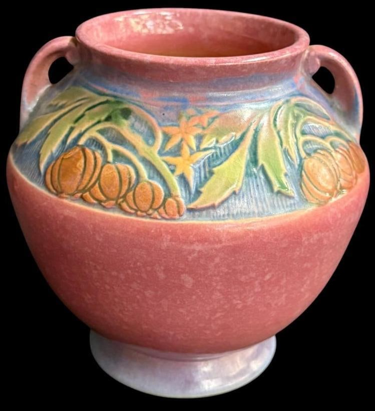 Roseville Pottery Pink Baneda Vase: Roseville Pottery Pink Baneda Vase. Approx. 6 x 6 x 6 inches.