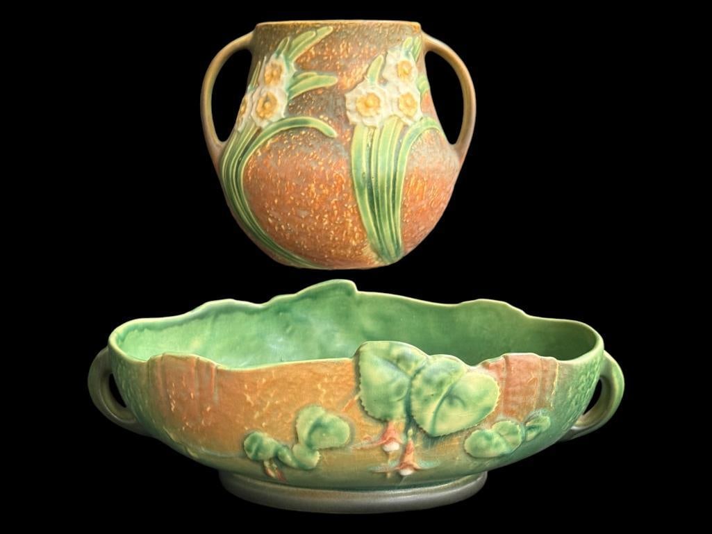 Roseville Fuchsia Bowl and Jonquil Vase: Roseville Fuchsia Bowl and Jonquil Vase. 2 pieces. Bowl approx. 4 x 12 x 7 inches.