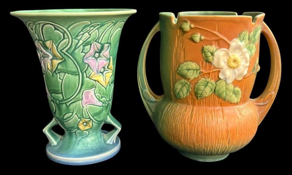 Roseville Morning Glory and White Rose Vases: Roseville Morning Glory and White Rose Vases. 2 pieces. Approx. 8 x 8 x 8 inches.
