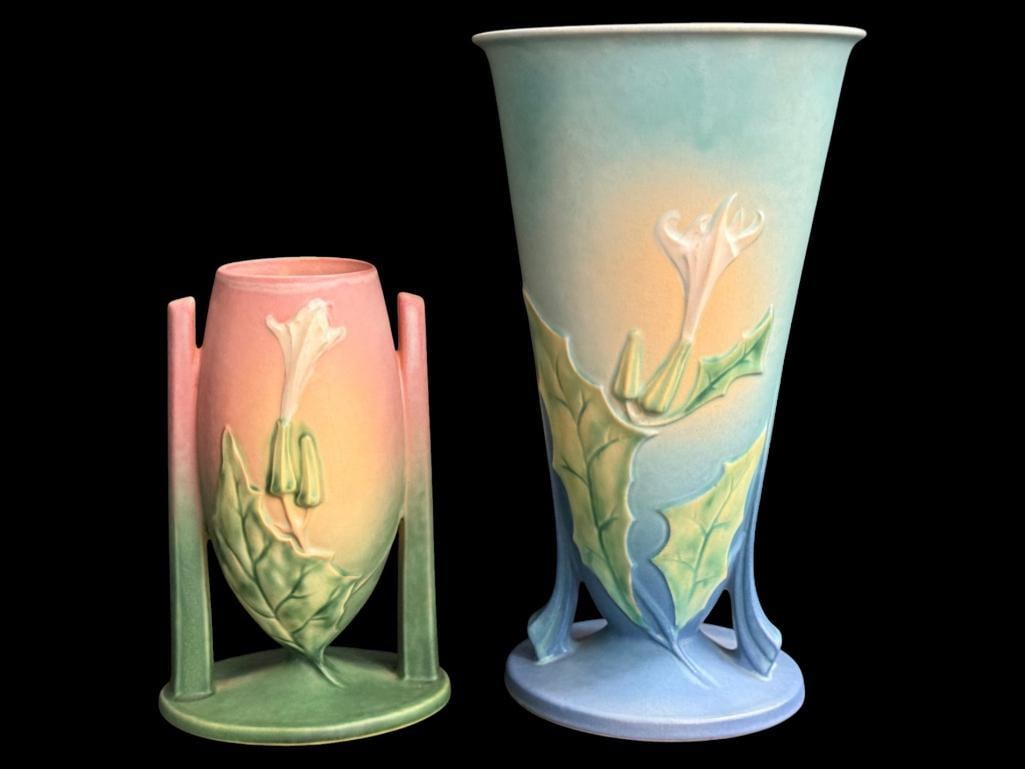 2 Roseville Thorn Apple Vases: 2 Roseville Thorn Apple Vases. Tallest approx. 13 x 7 x 7 inches.