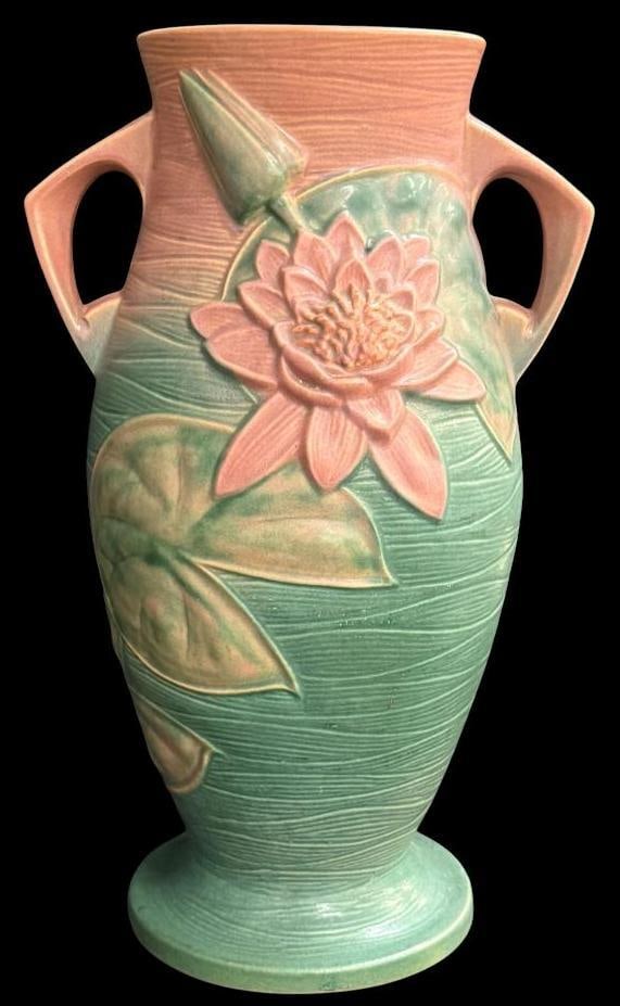 Roseville Pottery Water Lily Floor Vase: Roseville Pottery Water Lily Floor Vase. Approx. 19 x 12 x 12 inches.