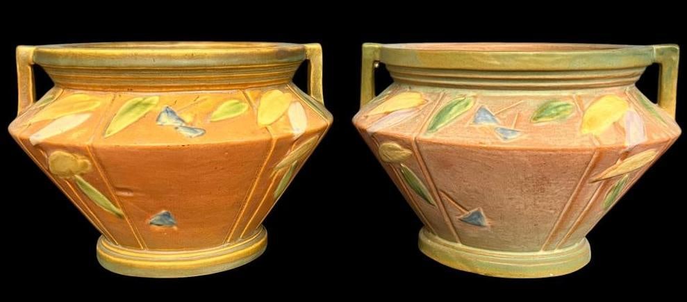 2 Roseville Pottery Futura Jardinieres: 2 Roseville Pottery Futura Jardinieres. Approx. 6 x 9 x 9 inches.