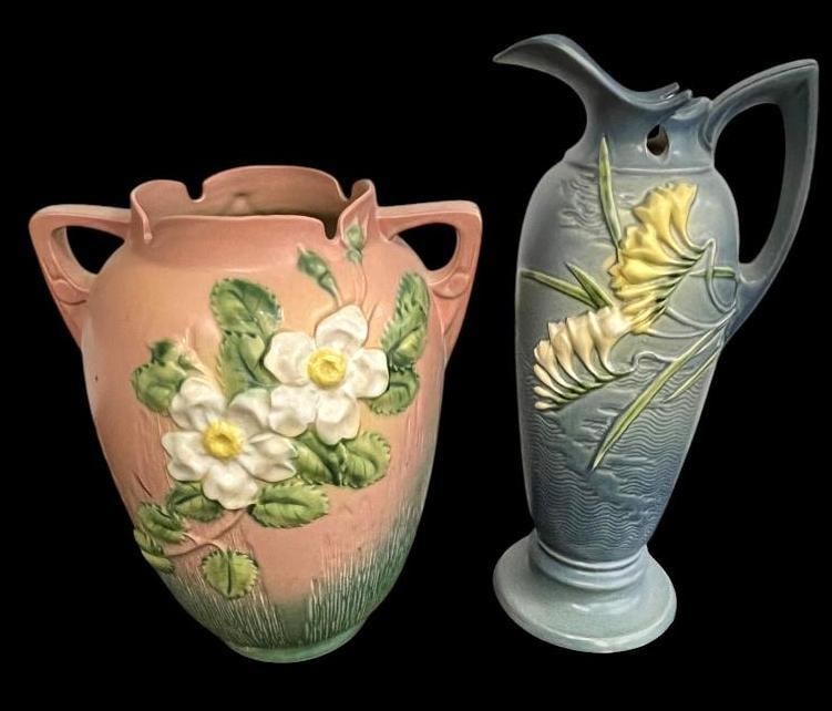 Roseville Freesia pitcher and White Rose vase: Roseville Freesia pitcher and White Rose vase. Pitcher approx. 16 x 7 x 5 inches.