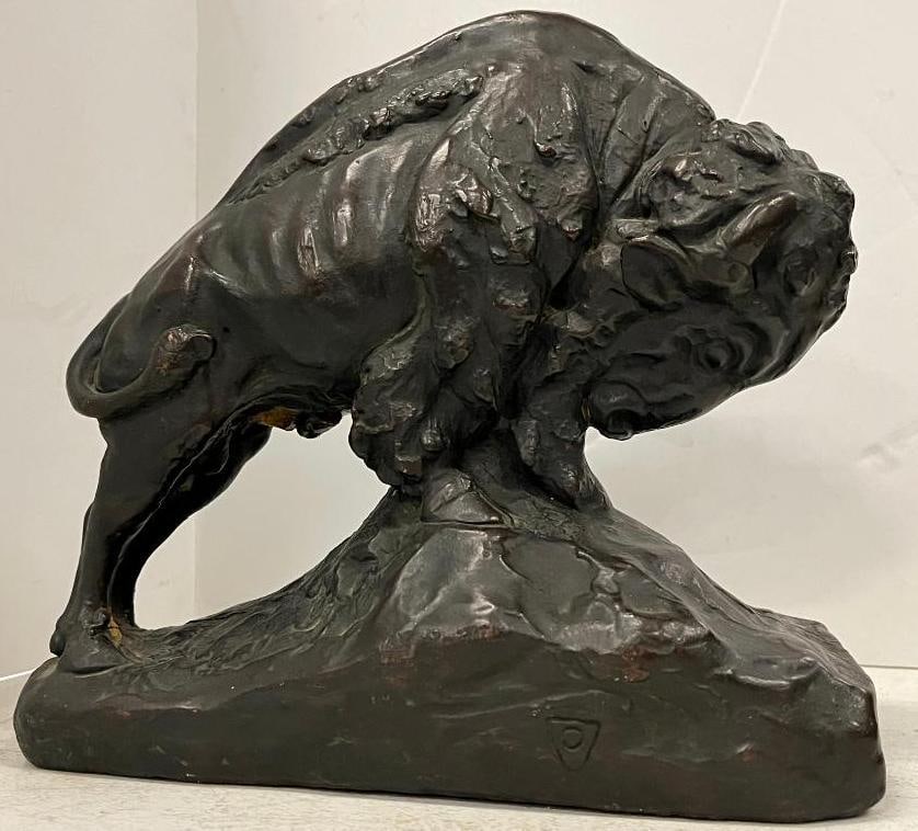 Joza K. Krupka bronze clad bison 1914: Joza K. Krupka bronze clad bison 1914. Approx. 8.5 x 9 inches.