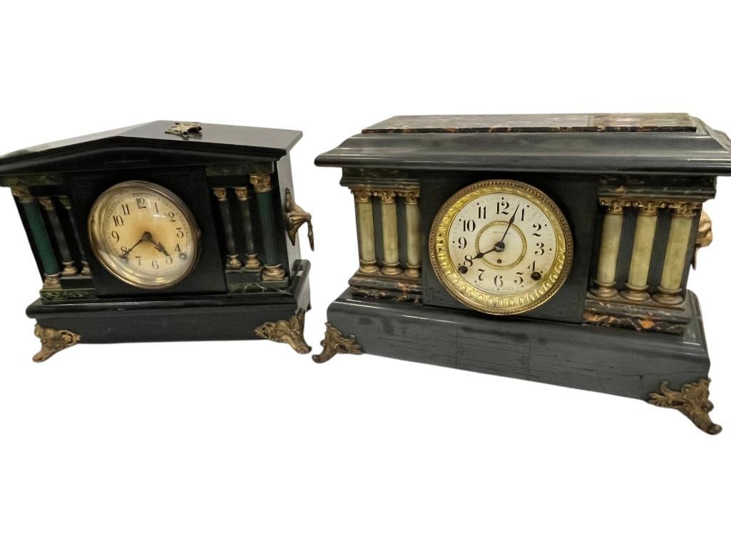 Seth Thomas and Sessions Mantel Clocks: Seth Thomas and Sessions Mantel Clocks. 2 pieces. Approx. 12 x 16 x 6 inches.