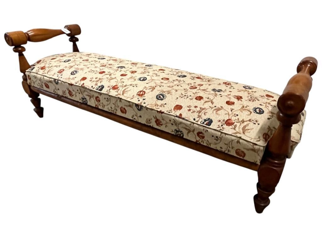 Hallway Bench with floral design upholstery: Hallway Bench with floral design upholstery. Approx. 26 x 74 x 24 inches.
