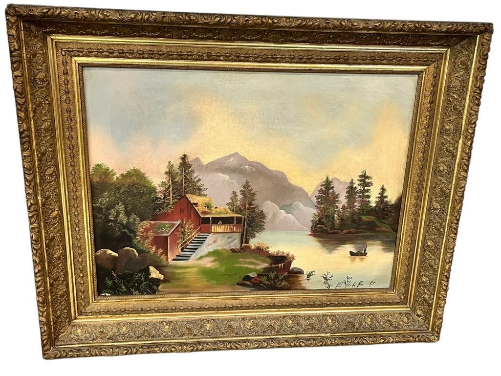 Landscape oil on canvas: Landscape oil on canvas. Approx. 31 x 24 inches. Frame approx. 41 x 33 inches.