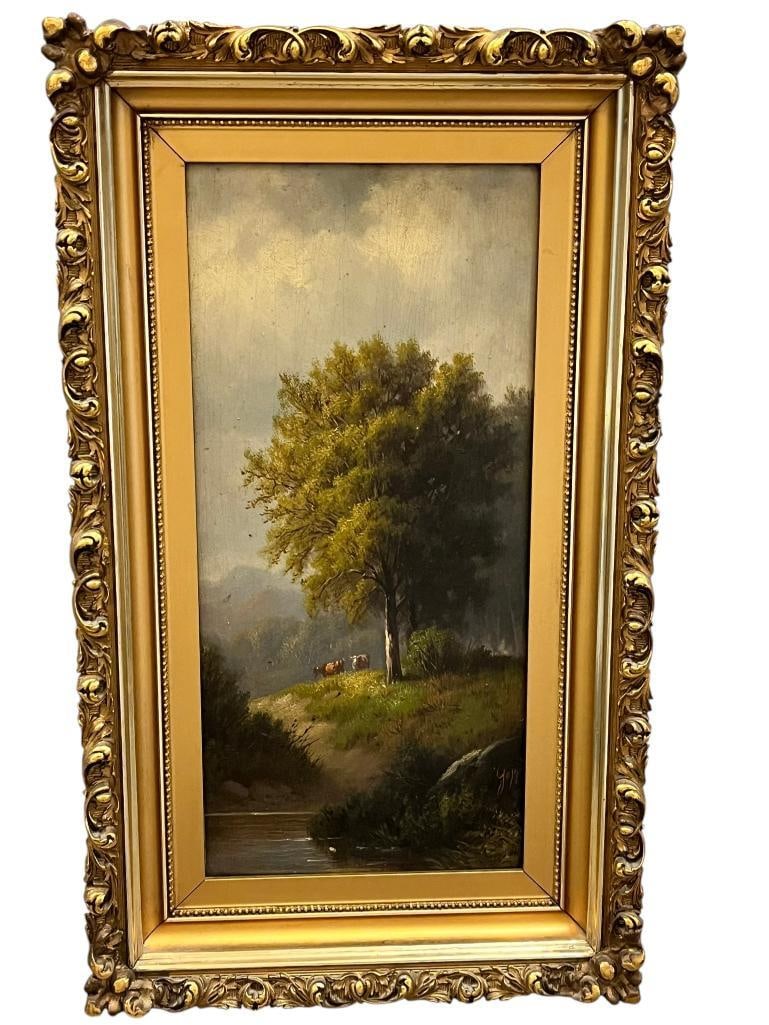 Oil on board landscape with Cows: Oil on board landscape with Cows, in gold gilt frame. Approx. 15 x 7 inches. Frame approx. 21 x 12 inches.