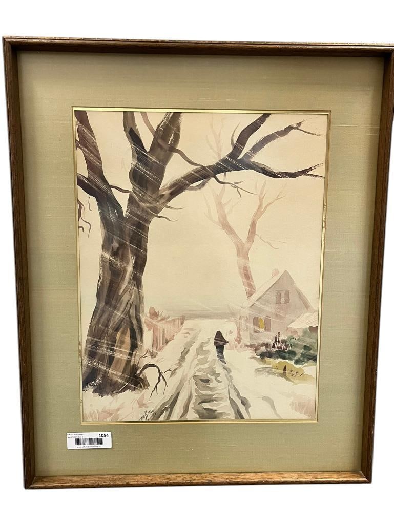 Hoffman 1944 signed watercolor: Hoffman 1944 signed watercolor of a winter scene. Approx. 17.5 x 14 inches. Frame approx. 26 x 21 inches.