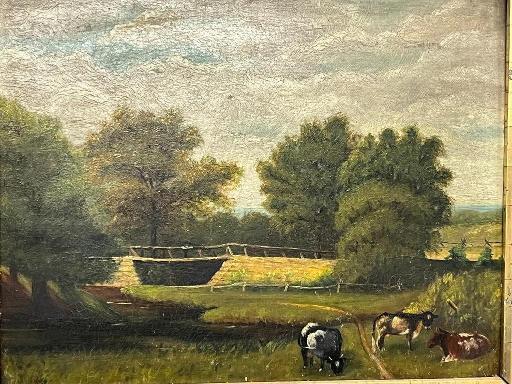 Oil on board landscape with cows: Oil on board landscape with cows. Approx. 11 x 9 inches. Frame approx. 16.5 x 14 inches.