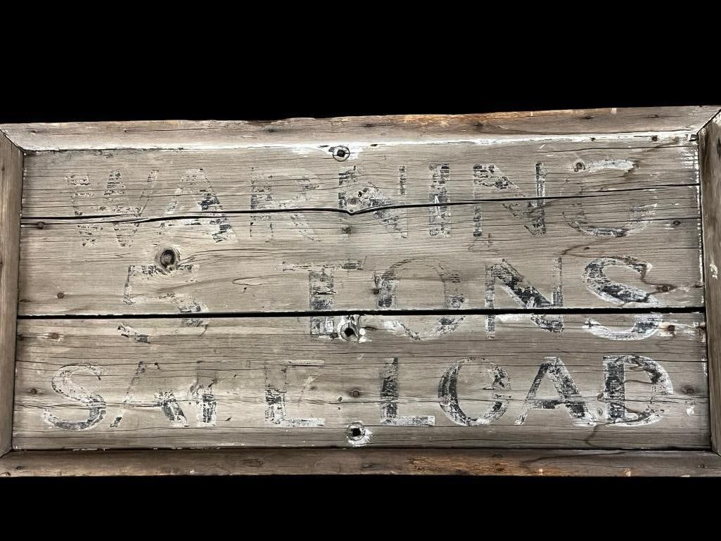 Hand painted wood sign: Hand painted wood sign. WARNING 5 TONS SAFE LOAD. Approx. 17 x 35 x 2.5 inches.