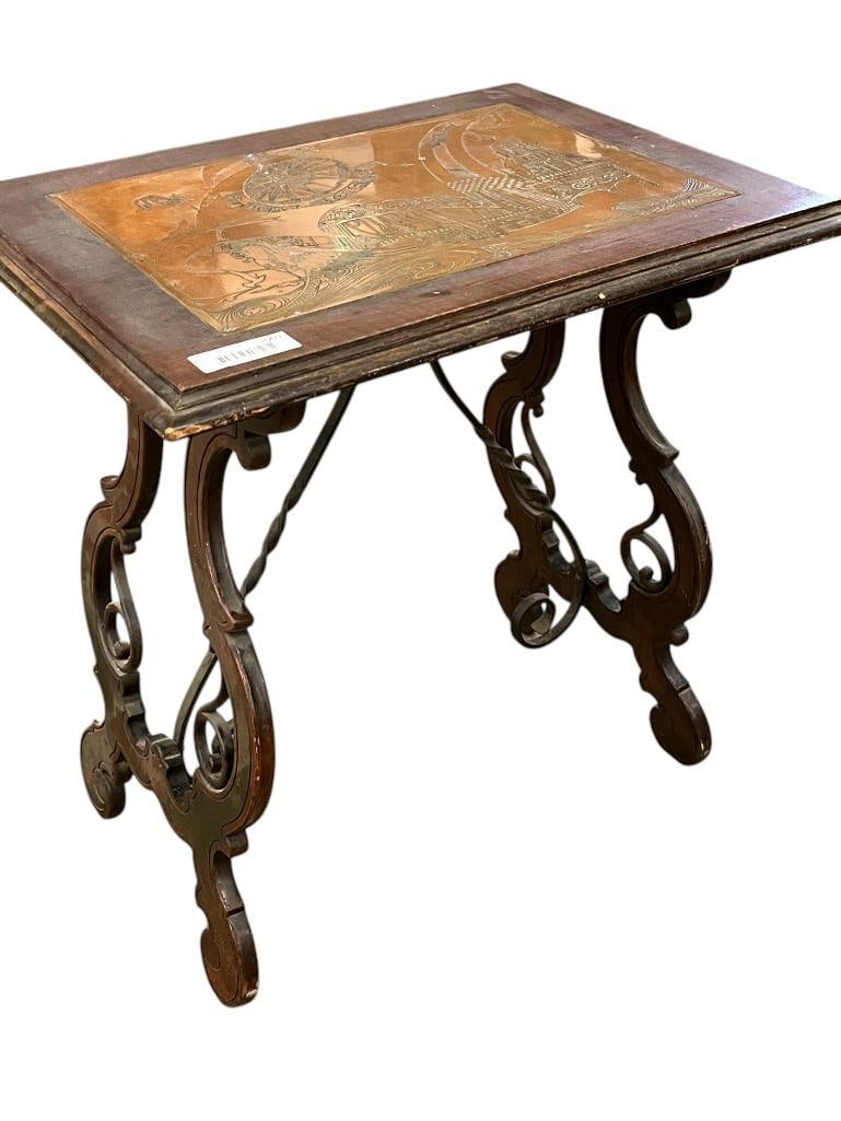 Copper relief table: Willem Dieperink Langeris Arts and Crafts Copper panel relief table. Approx. 25 x 24 x 18 inches.