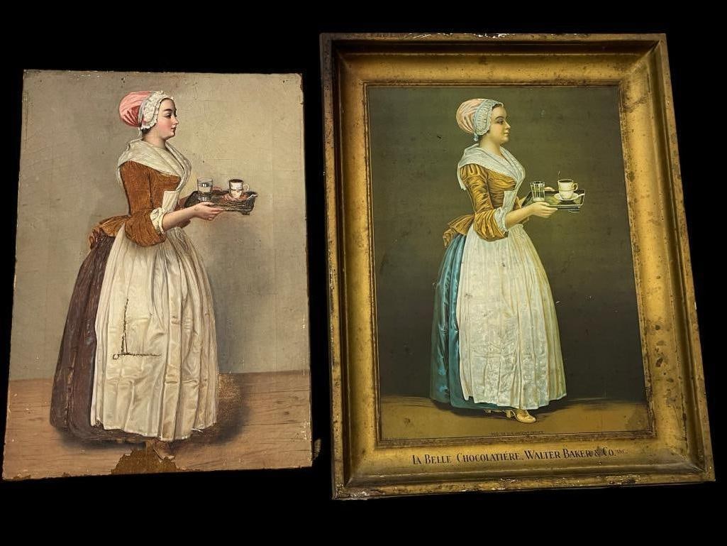 The Chocolate Girl sign and painting: Walter Baker & Co. La Belle Chocolatiere metal advertising sign and Chocolate Girl oil on canvas. 2 pieces. Metal sign approx. 19.5 x 15.5 inches.