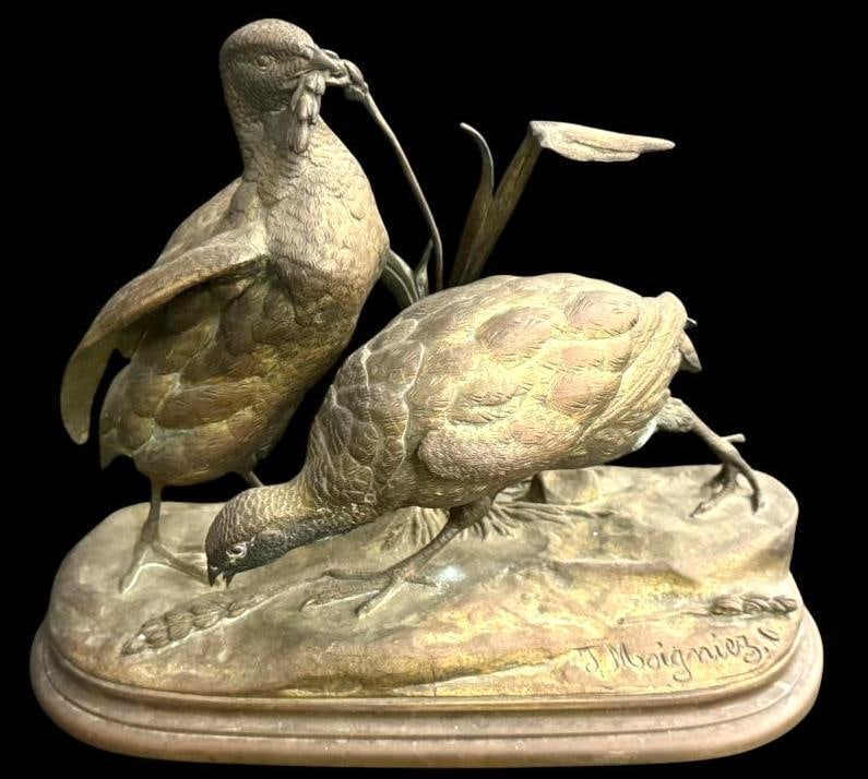 J. Moigniez signed bronze: Jules Moigniez signed bronze sculpture of birds. Approx. 8 x 9 x 4 inches.