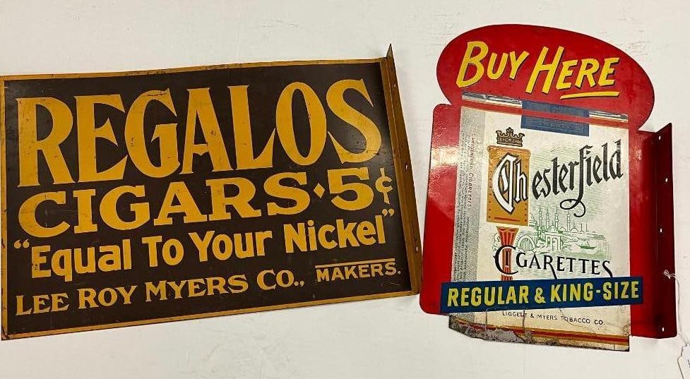 Chesterfield Cigarettes and Regalos Cigars flange signs: Chesterfield Cigarettes and Regalos Cigars flange signs Chesterfield Approx. 16.5 x 11.5 inches.