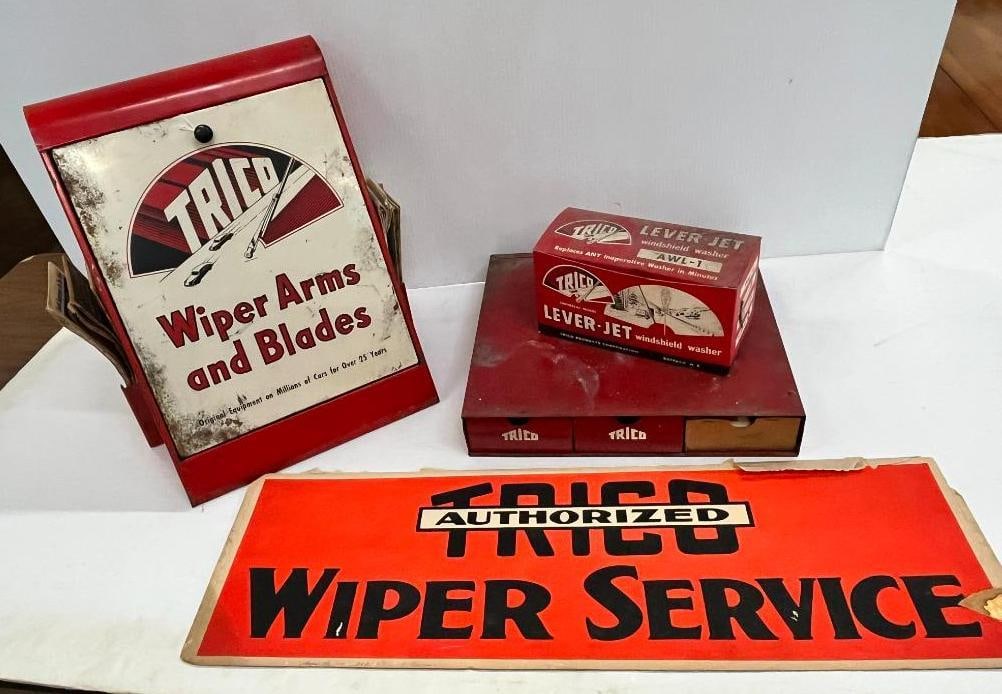 TRICO Wiper Arms and Blades cabinet and more: TRICO Wiper Arms and Blades cabinet, drawers, Lever Jet box and Wiper Service cardboard sign. Cabinet approx. 16 x 14 x 10 inches.