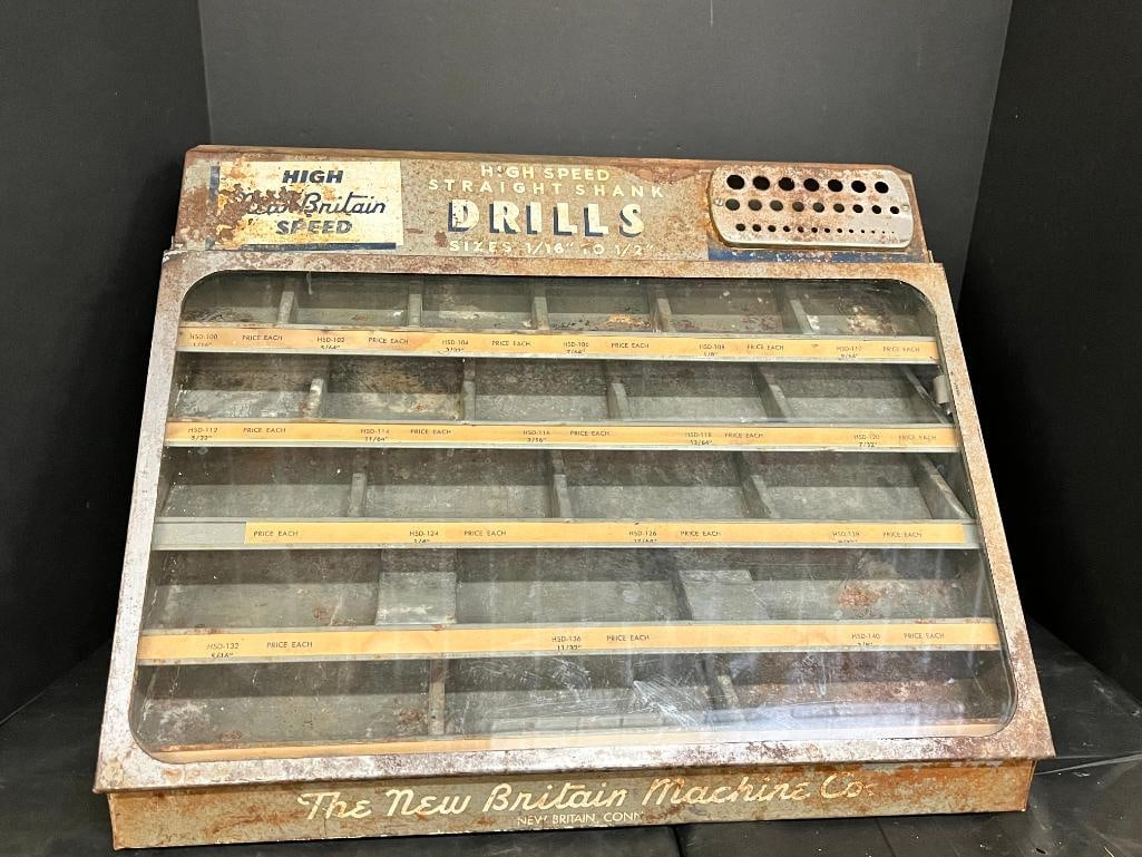 The New Britain Machine Co. display case: The New Britain Machine Co. advertising display case for High Speed Straight Shank Drills. Approx. 14 x 20 x 14 inches.