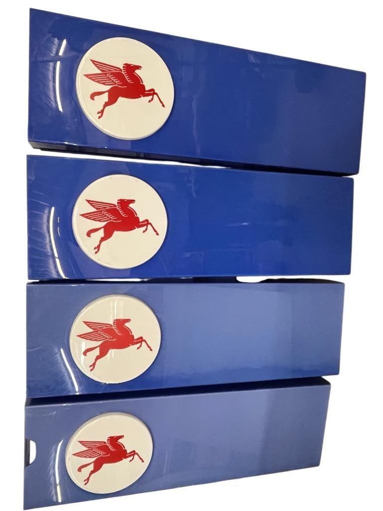 4 Mobil Gas Pump signs: 4 Mobil Gas Pump signs. Approx. 49.5 x 16 x 5 inches.