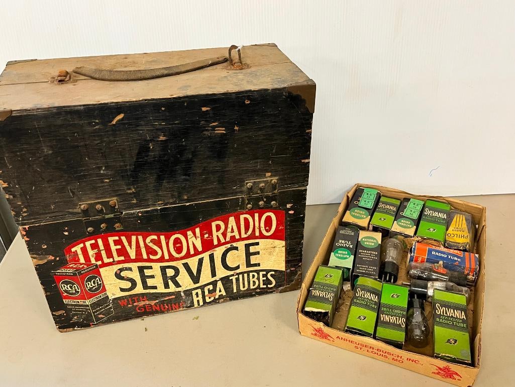RCA Tubes Television Radio Service box and tubes: RCA Tubes Television Radio Service box and tubes. Box approx. 16 x 17 x 9 inches.