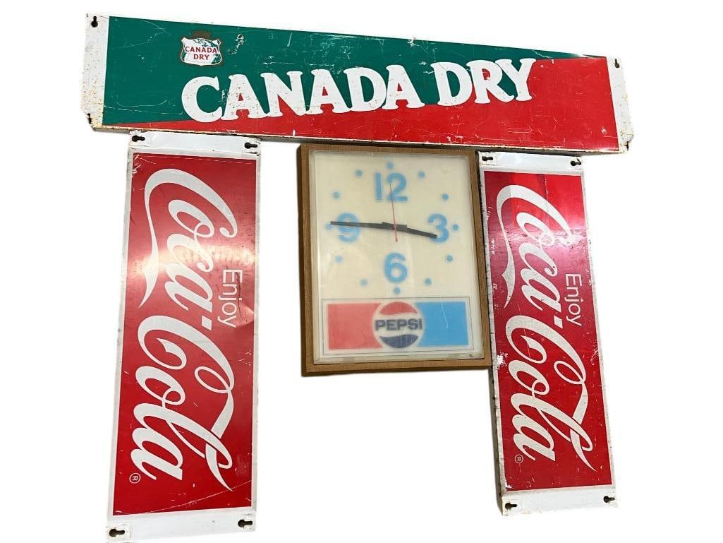 Coca Cola, Canada Dry metal signs etc.: Coca Cola, Canada Dry metal signs and Pepsi clock. 4 pieces. Canada dry sign approx. 48 x 10 inches.