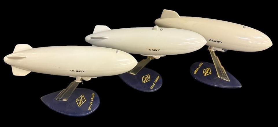 3 U.S. Navy Goodyear Blimp Topping Models: 3 U.S. Navy Goodyear Blimp Topping Models. Including ZPG-2, ZPG-2W and ZS2G-1 airships. Approx. 12 inches long.