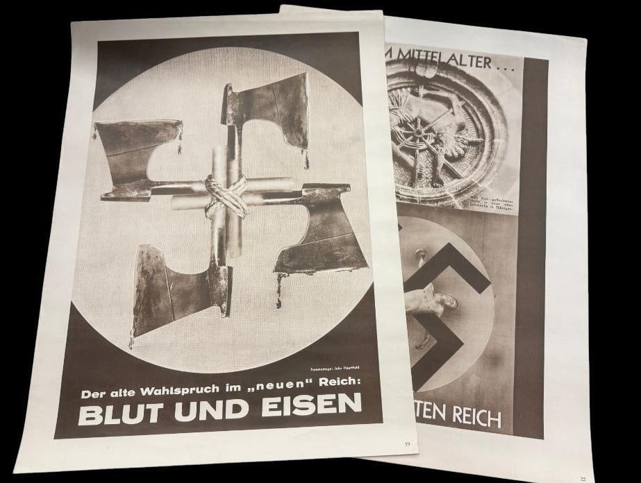 2 WW2 John Heartfield Anti German posters: 2 WW2 John Heartfield Anti German propaganda lithograph posters. Approx. 25 x 19 inches.