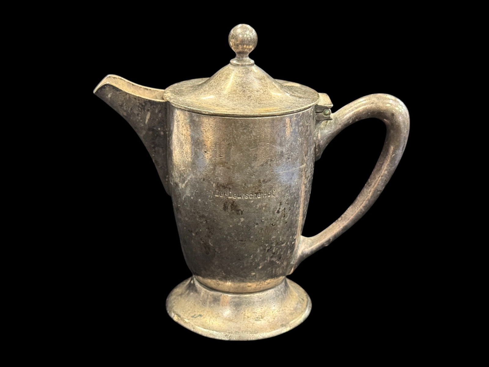 German WW2 hotel creamer: German WW2 Der Deutsche Hof Hotel silver plated cream pitcher, Marked on bottom. Approx. 6 x 6 x 3 inches.